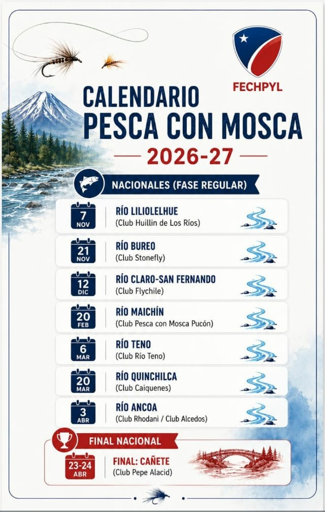 Calendario oficial 2026-2027 de actividades de pesca con mosca en el sur de Chile